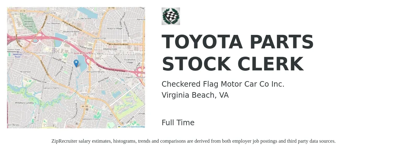 Checkered Flag Motor Car Co Inc. job posting for a TOYOTA PARTS STOCK CLERK in Virginia Beach, VA with a salary of $15 to $19 Hourly with a map of Virginia Beach location.