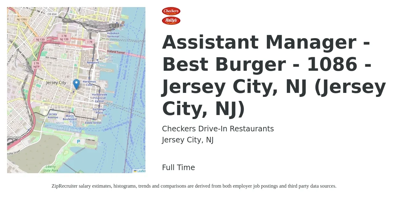 Checkers Drive-In Restaurants, Inc. job posting for a Assistant Manager - Best Burger - 1086 - Jersey City, NJ (Jersey City, NJ) in Jersey City, NJ with a salary of $17 to $26 Hourly with a map of Jersey City location.