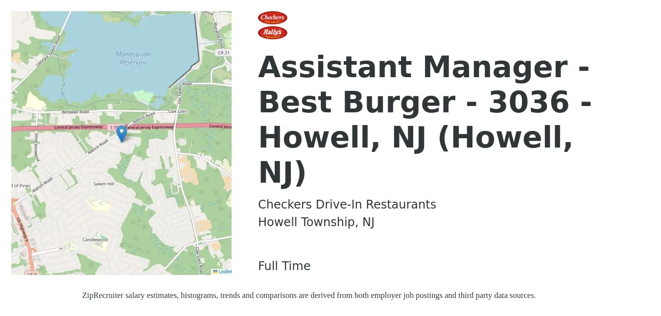 Checkers Drive-In Restaurants job posting for a Assistant Manager - Best Burger - 3036 - Howell, NJ (Howell, NJ) in Howell Township, NJ with a salary of $17 to $25 Hourly with a map of Howell Township location.