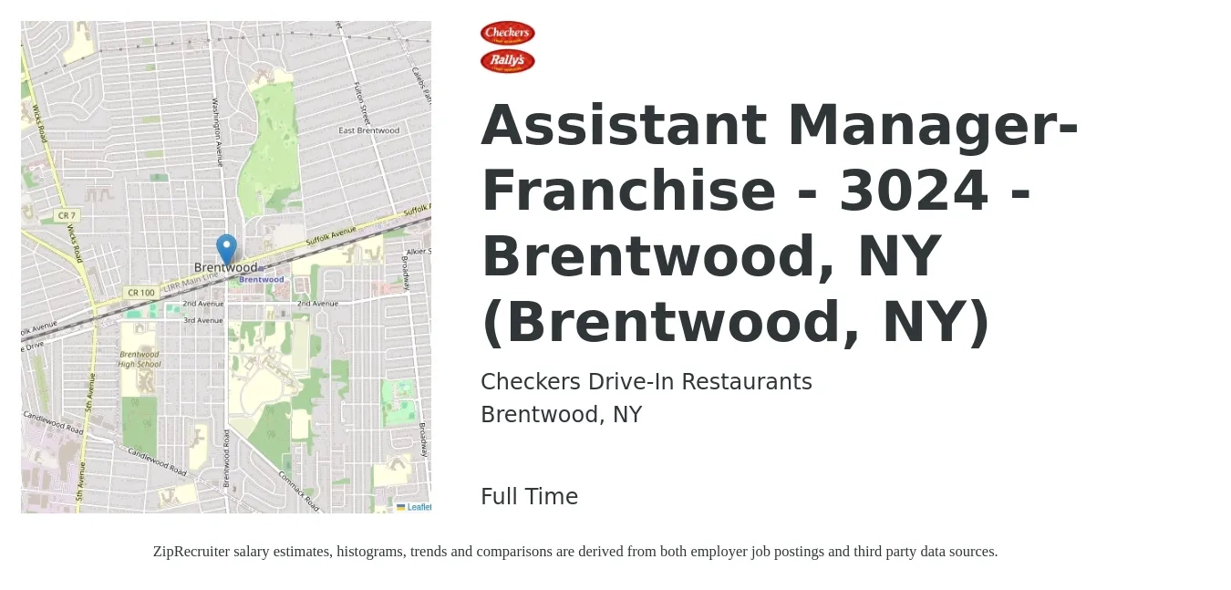 Checkers Drive-In Restaurants, Inc. job posting for a Assistant Manager-Franchise - 3024 -Brentwood, NY (Brentwood, NY) in Brentwood, NY with a salary of $17 to $25 Hourly with a map of Brentwood location.
