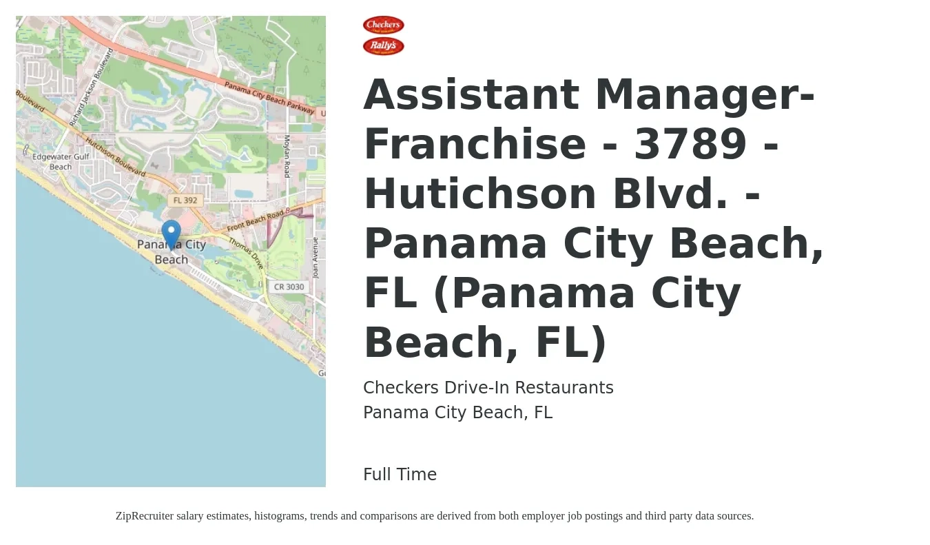 Checkers Drive-In Restaurants job posting for a Assistant Manager-Franchise - 3789 - Hutichson Blvd. - Panama City Beach, FL (Panama City Beach, FL) in Panama City Beach, FL with a salary of $14 to $21 Hourly with a map of Panama City Beach location.