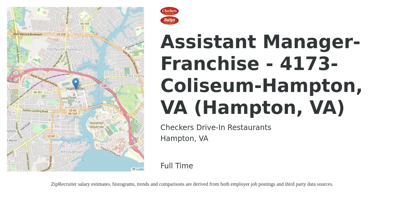 Checkers Drive-In Restaurants, Inc. job posting for a Assistant Manager-Franchise - 4173-Coliseum-Hampton, VA (Hampton, VA) in Hampton, VA with a salary of $14 to $22 Hourly with a map of Hampton location.