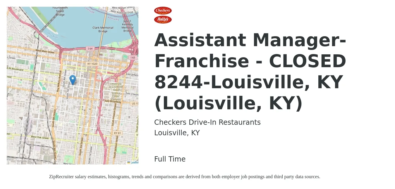 Checkers Drive-In Restaurants job posting for a Assistant Manager-Franchise - CLOSED 8244-Louisville, KY (Louisville, KY) in Louisville, KY with a salary of $16 to $24 Hourly with a map of Louisville location.