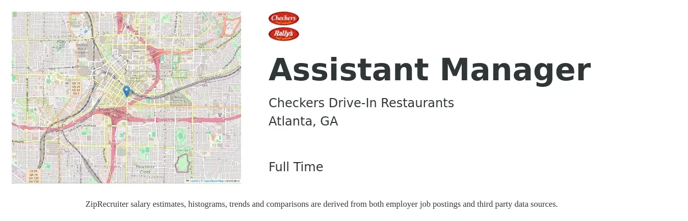 Checkers Drive-In Restaurants job posting for a Assistant Manager in Atlanta, GA with a salary of $16 to $24 Hourly with a map of Atlanta location.