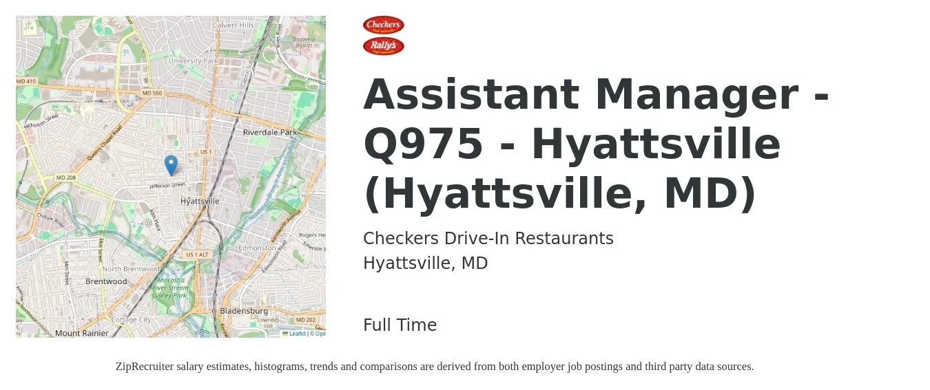 Checkers Drive-In Restaurants job posting for a Assistant Manager - Q975 - Hyattsville (Hyattsville, MD) in Hyattsville, MD with a salary of $17 to $25 Hourly with a map of Hyattsville location.