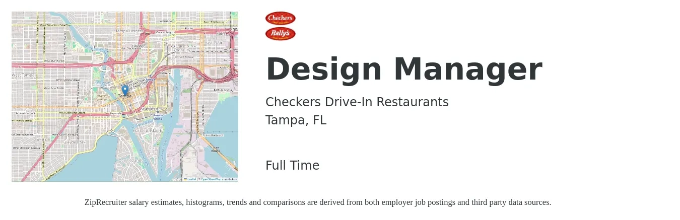 Checkers Drive-In Restaurants, Inc. job posting for a Design Manager in Tampa, FL with a salary of $78,900 to $136,100 Yearly with a map of Tampa location.