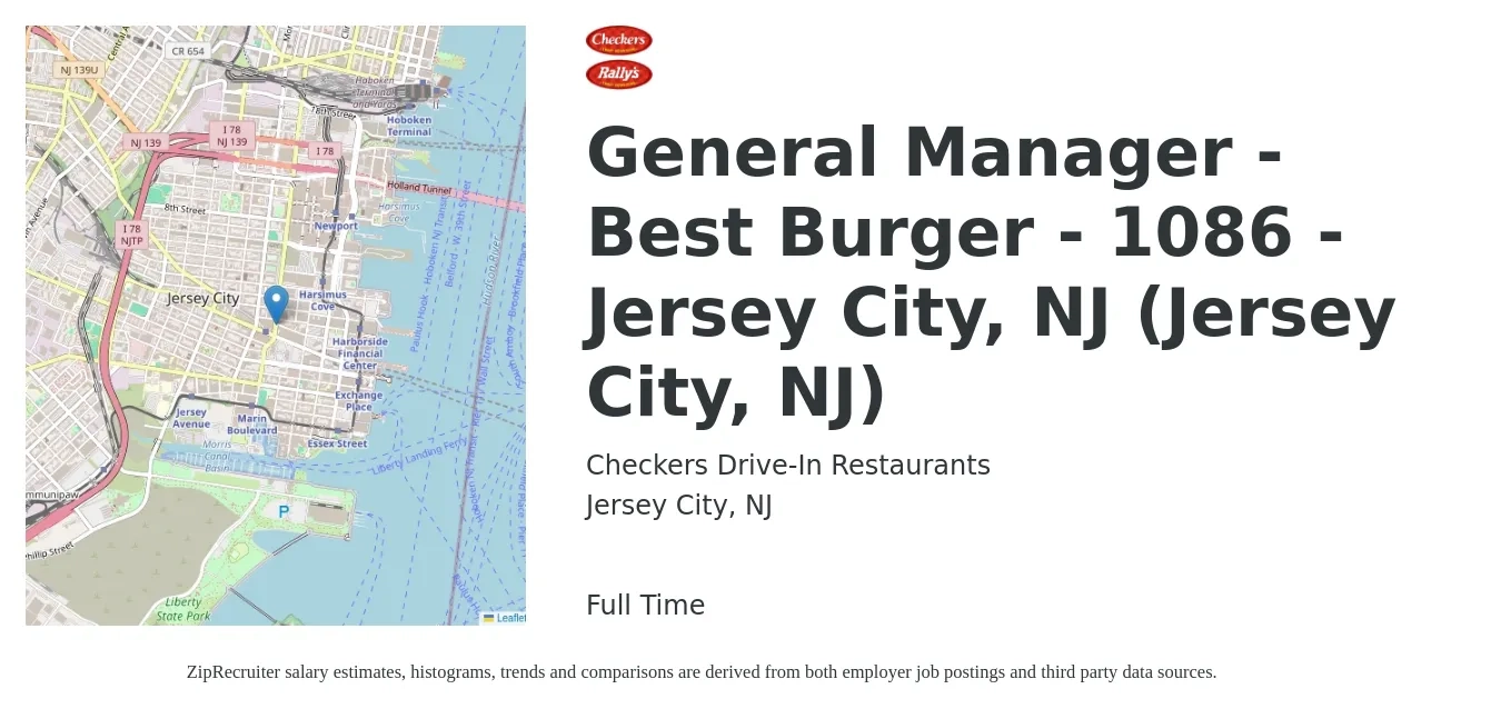 Checkers Drive-In Restaurants, Inc. job posting for a General Manager - Best Burger - 1086 - Jersey City, NJ (Jersey City, NJ) in Jersey City, NJ with a salary of $56,800 to $78,300 Yearly with a map of Jersey City location.