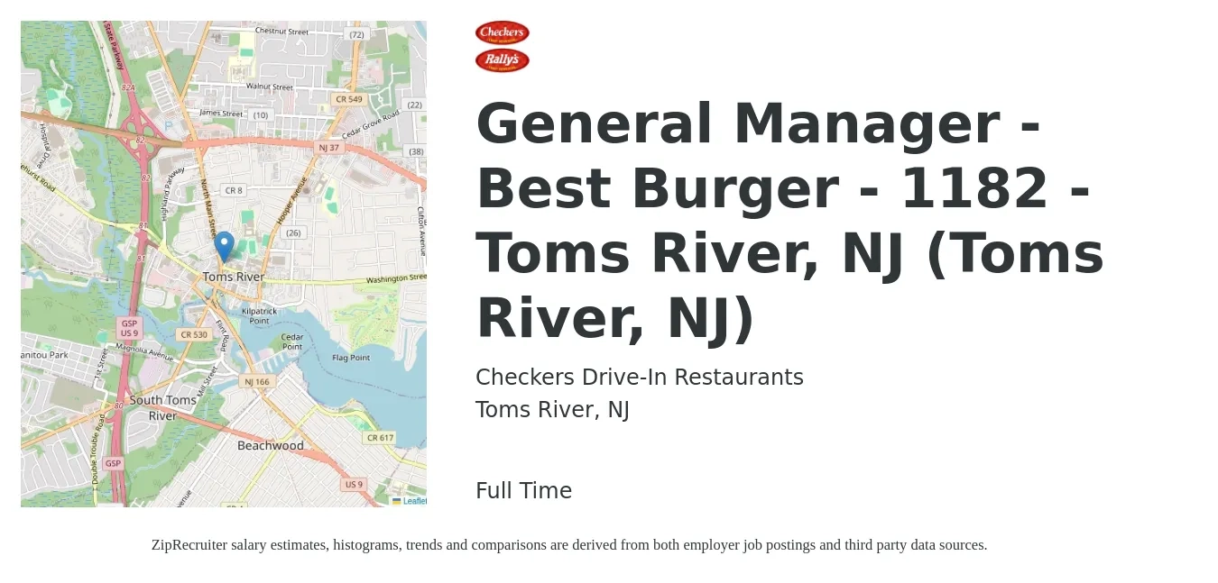 Checkers Drive-In Restaurants, Inc. job posting for a General Manager - Best Burger - 1182 - Toms River, NJ (Toms River, NJ) in Toms River, NJ with a salary of $52,600 to $72,500 Yearly with a map of Toms River location.