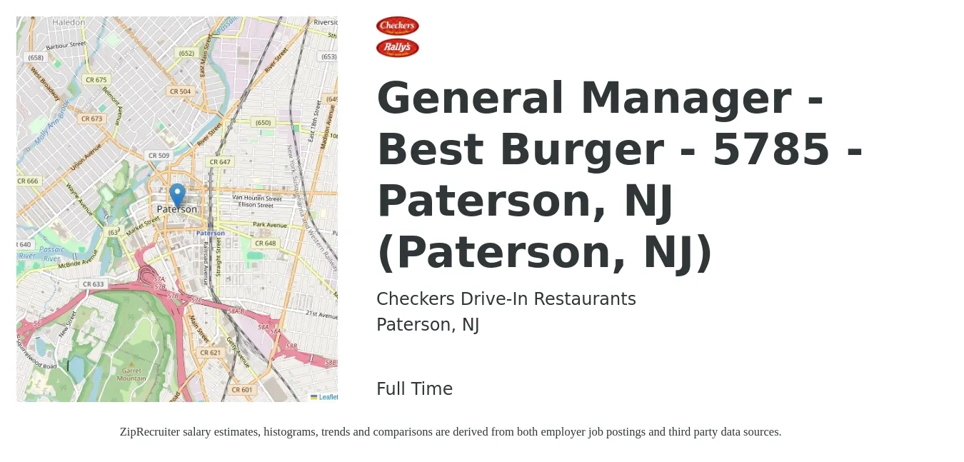Checkers Drive-In Restaurants job posting for a General Manager - Best Burger - 5785 - Paterson, NJ (Paterson, NJ) in Paterson, NJ with a salary of $55,000 to $75,900 Yearly with a map of Paterson location.