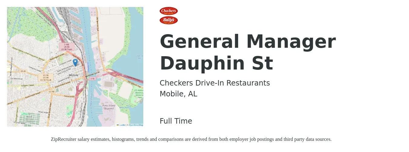 Checkers Drive-In Restaurants job posting for a General Manager Dauphin St in Mobile, AL with a salary of $44,000 to $60,700 Yearly with a map of Mobile location.