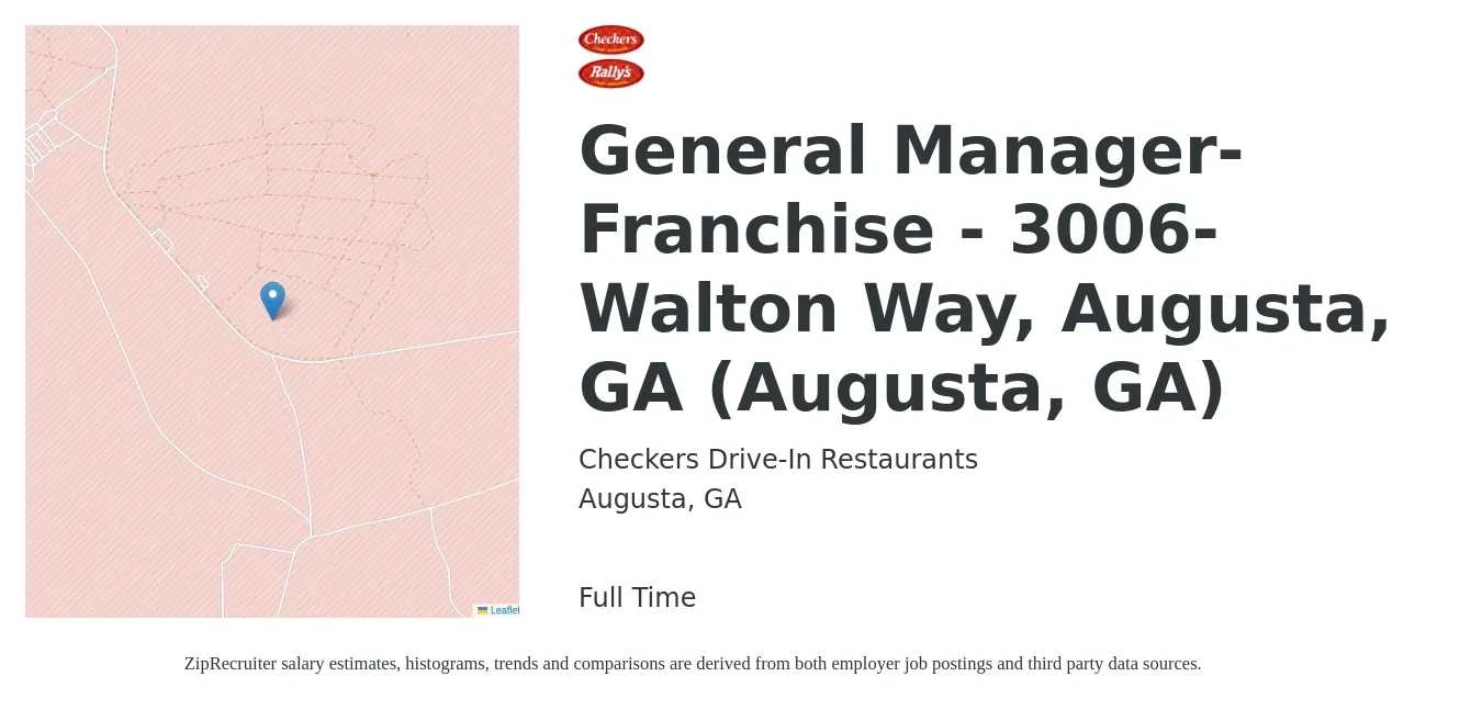 Checkers Drive-In Restaurants, Inc. job posting for a General Manager-Franchise - 3006-Walton Way, Augusta, GA (Augusta, GA) in Augusta, GA with a salary of $50,800 to $70,000 Yearly with a map of Augusta location.