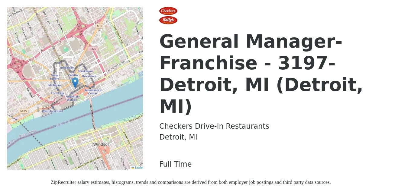 Checkers Drive-In Restaurants job posting for a General Manager-Franchise - 3197-Detroit, MI (Detroit, MI) in Detroit, MI with a salary of $48,900 to $67,400 Yearly with a map of Detroit location.
