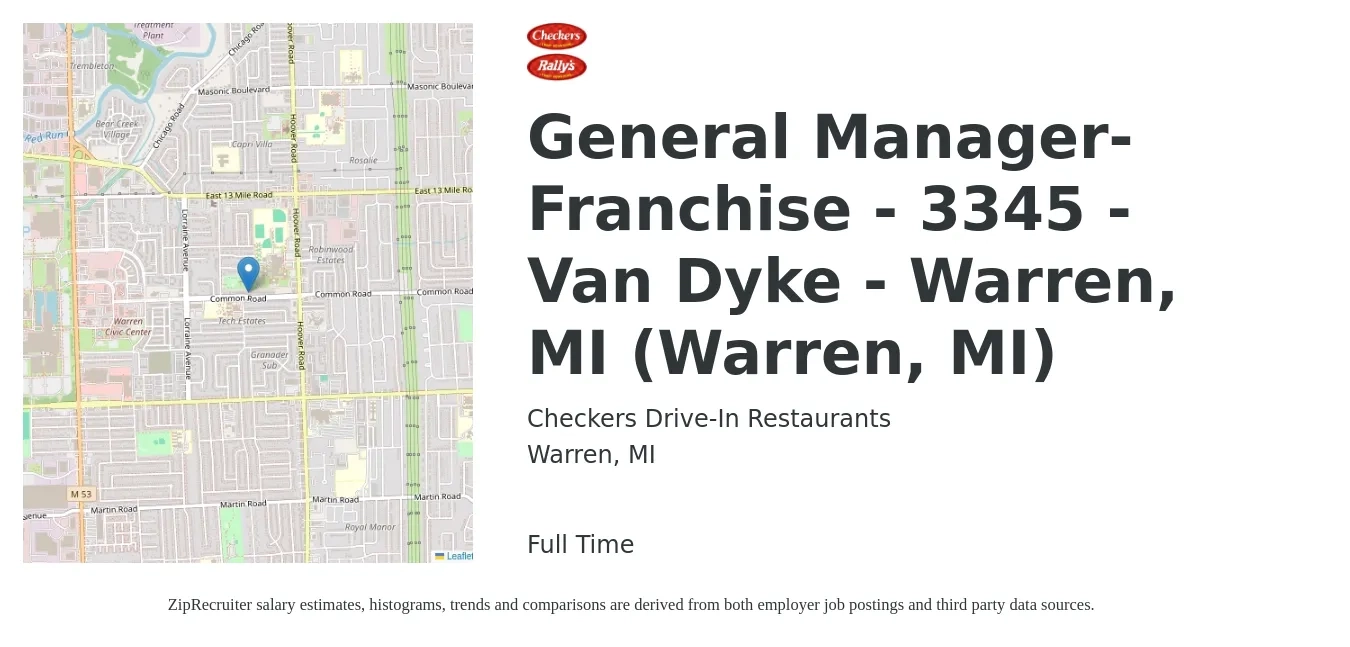 Checkers Drive-In Restaurants job posting for a General Manager-Franchise - 3345 - Van Dyke - Warren, MI (Warren, MI) in Warren, MI with a salary of $46,900 to $70,100 Yearly with a map of Warren location.