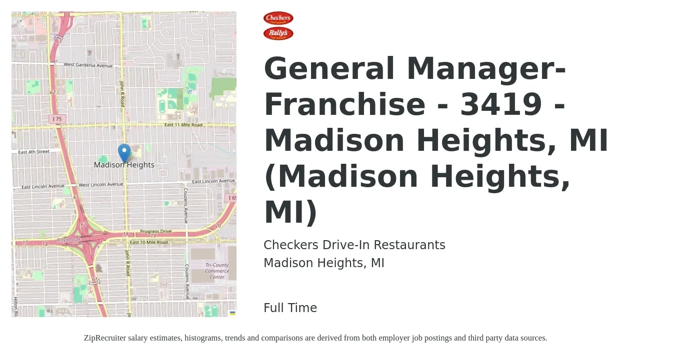 Checkers Drive-In Restaurants, Inc. job posting for a General Manager-Franchise - 3419 - Madison Heights, MI (Madison Heights, MI) in Madison Heights, MI with a salary of $49,900 to $68,800 Yearly with a map of Madison Heights location.
