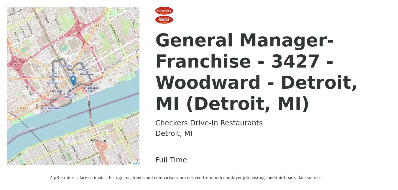 Checkers Drive-In Restaurants job posting for a General Manager-Franchise - 3427 - Woodward - Detroit, MI (Detroit, MI) in Detroit, MI with a salary of $53,400 to $73,600 Yearly with a map of Detroit location.