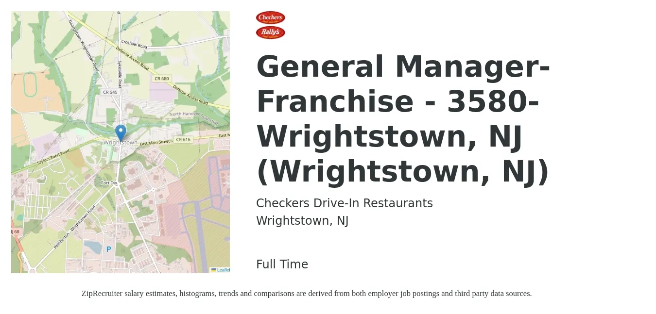Checkers Drive-In Restaurants job posting for a General Manager-Franchise - 3580-Wrightstown, NJ (Wrightstown, NJ) in Wrightstown, NJ with a salary of $51,700 to $77,300 Yearly with a map of Wrightstown location.