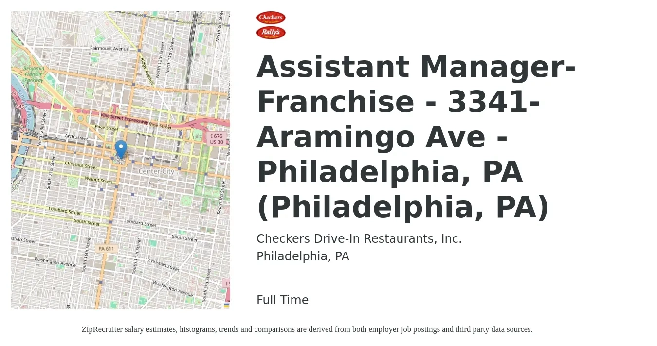Checkers Drive-In Restaurants job posting for a Assistant Manager-Franchise - 3341-Aramingo Ave -Philadelphia, PA (Philadelphia, PA) in Philadelphia, PA with a salary of $16 to $24 Hourly with a map of Philadelphia location.