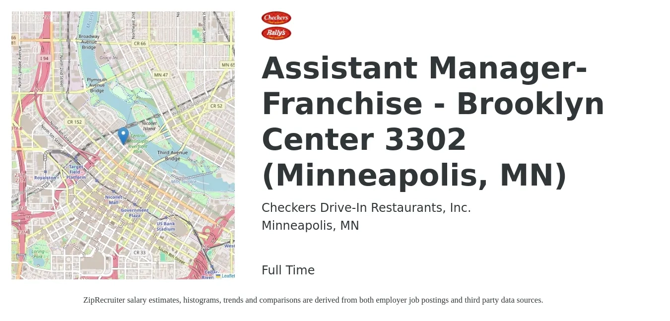 Checkers Drive-In Restaurants job posting for a Assistant Manager-Franchise - Brooklyn Center 3302 (Minneapolis, MN) in Minneapolis, MN with a salary of $18 to $26 Hourly with a map of Minneapolis location.