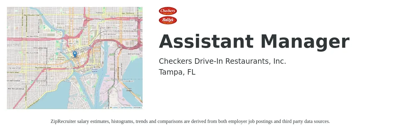Checkers Drive-In Restaurants job posting for a Assistant Manager in Tampa, FL with a salary of $15 to $24 Hourly with a map of Tampa location.