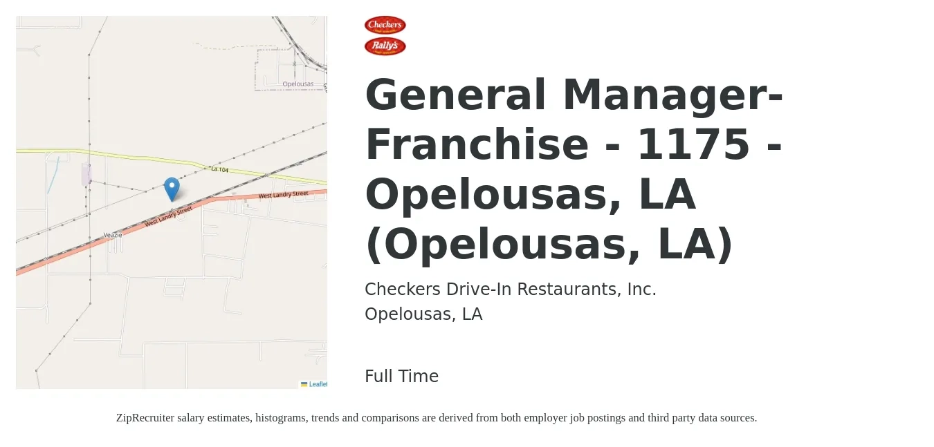Checkers Drive-In Restaurants, Inc. job posting for a General Manager-Franchise - 1175 - Opelousas, LA (Opelousas, LA) in Opelousas, LA with a salary of $39,000 to $58,300 Yearly with a map of Opelousas location.