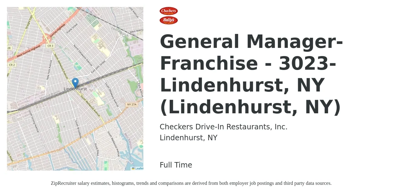 Checkers Drive-In Restaurants job posting for a General Manager-Franchise - 3023-Lindenhurst, NY (Lindenhurst, NY) in Lindenhurst, NY with a salary of $55,600 to $76,800 Yearly with a map of Lindenhurst location.