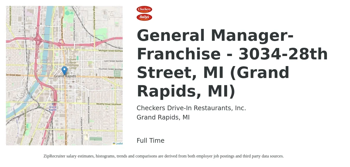 Checkers Drive-In Restaurants job posting for a General Manager-Franchise - 3034-28th Street, MI (Grand Rapids, MI) in Grand Rapids, MI with a salary of $51,800 to $71,500 Yearly with a map of Grand Rapids location.