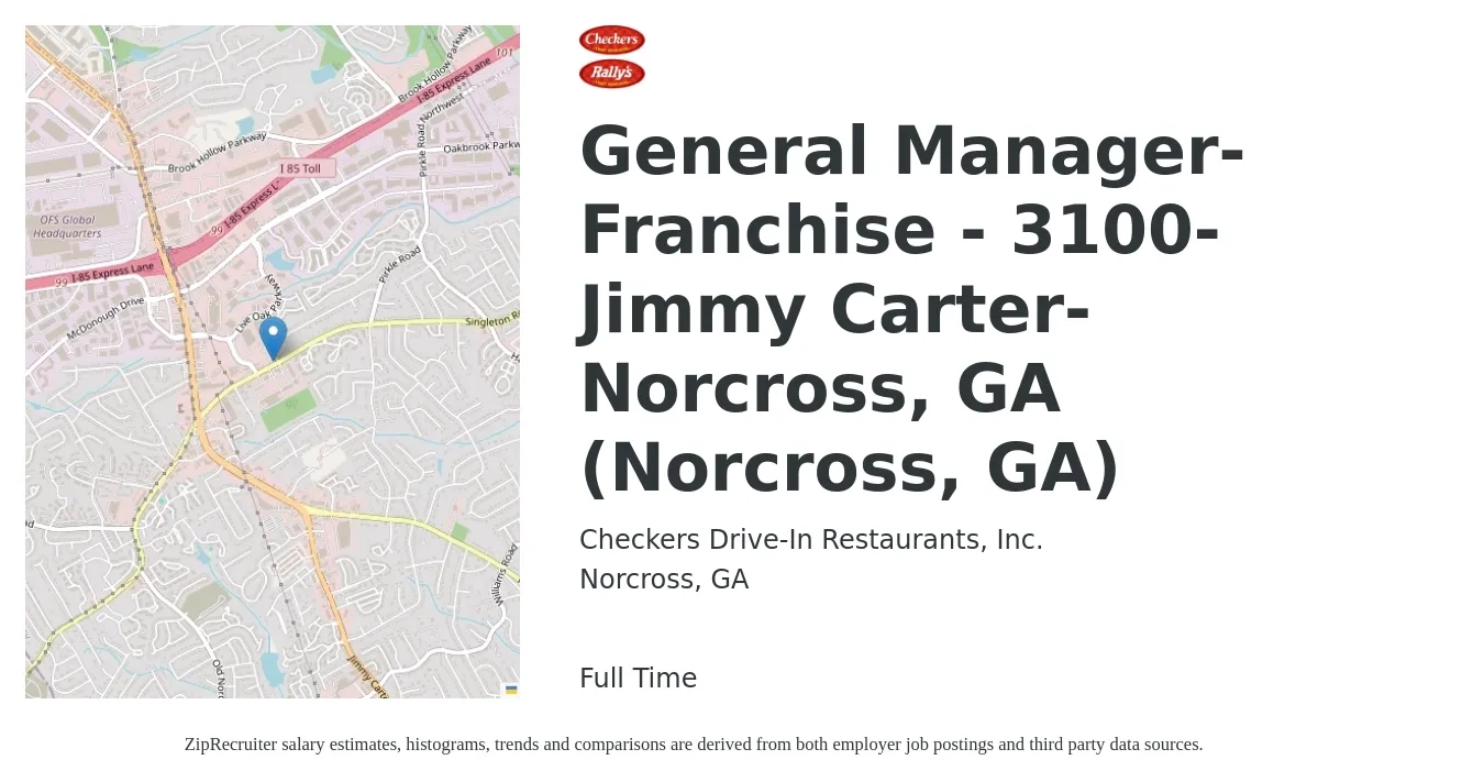 Checkers Drive-In Restaurants job posting for a General Manager-Franchise - 3100-Jimmy Carter-Norcross, GA (Norcross, GA) in Norcross, GA with a salary of $49,700 to $68,600 Yearly with a map of Norcross location.