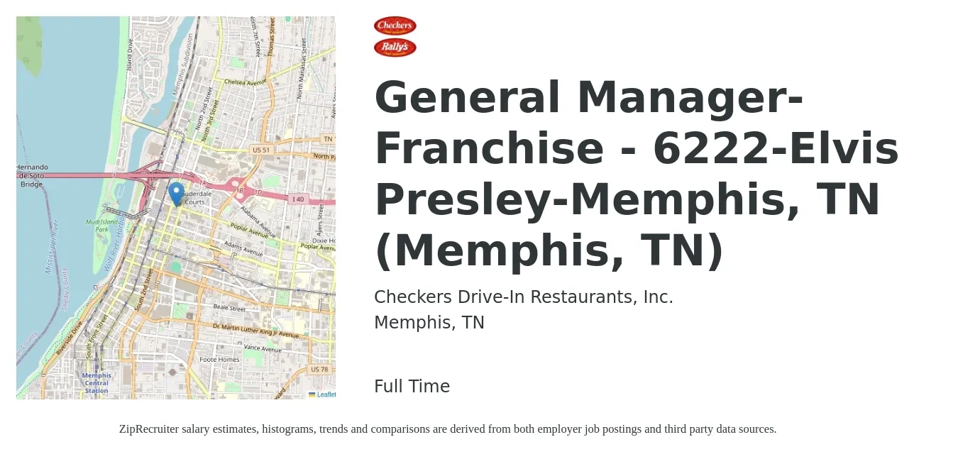 Checkers Drive-In Restaurants, Inc. job posting for a General Manager-Franchise - 6222-Elvis Presley-Memphis, TN (Memphis, TN) in Memphis, TN with a salary of $47,100 to $64,900 Yearly with a map of Memphis location.