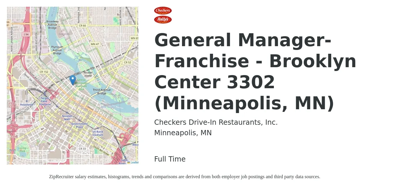 Checkers Drive-In Restaurants job posting for a General Manager-Franchise - Brooklyn Center 3302 (Minneapolis, MN) in Minneapolis, MN with a salary of $55,500 to $76,600 Yearly with a map of Minneapolis location.