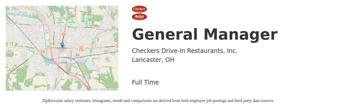 Checkers Drive-In Restaurants job posting for a General Manager in Lancaster, OH with a salary of $45,200 to $67,600 Yearly with a map of Lancaster location.
