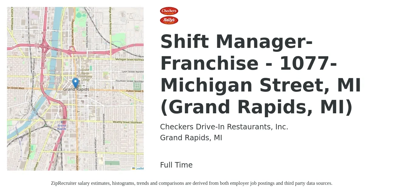 Checkers Drive-In Restaurants job posting for a Shift Manager-Franchise - 1077-Michigan Street, MI (Grand Rapids, MI) in Grand Rapids, MI with a salary of $14 to $18 Hourly with a map of Grand Rapids location.