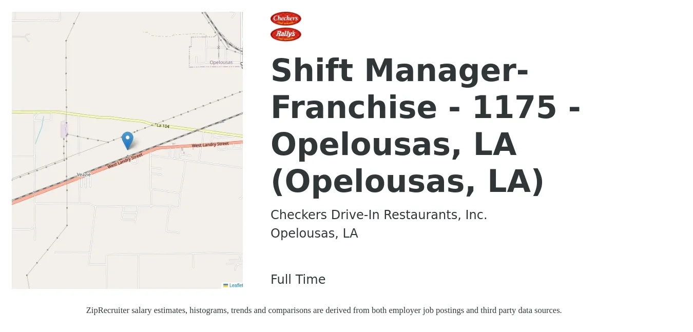Checkers Drive-In Restaurants job posting for a Shift Manager-Franchise - 1175 - Opelousas, LA (Opelousas, LA) in Opelousas, LA with a salary of $12 to $15 Hourly with a map of Opelousas location.