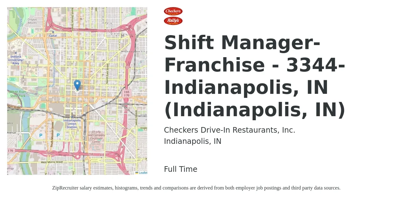 Checkers Drive-In Restaurants job posting for a Shift Manager-Franchise - 3344-Indianapolis, IN (Indianapolis, IN) in Indianapolis, IN with a salary of $14 to $17 Hourly with a map of Indianapolis location.
