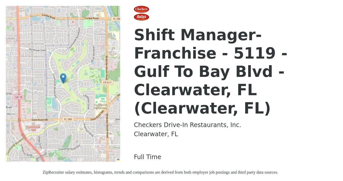 Checkers Drive-In Restaurants, Inc. job posting for a Shift Manager-Franchise - 5119 - Gulf To Bay Blvd - Clearwater, FL (Clearwater, FL) in Clearwater, FL with a salary of $13 to $17 Hourly with a map of Clearwater location.