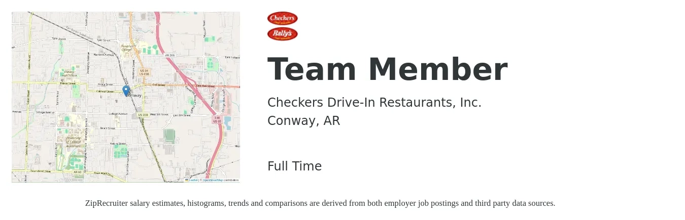 Checkers Drive-In Restaurants job posting for a Team Member in Conway, AR with a salary of $10 to $14 Hourly with a map of Conway location.