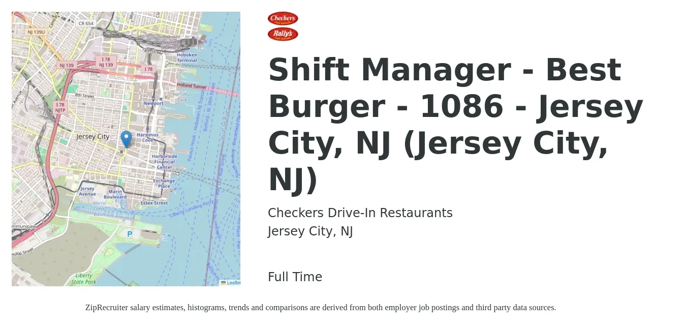 Checkers Drive-In Restaurants job posting for a Shift Manager - Best Burger - 1086 - Jersey City, NJ (Jersey City, NJ) in Jersey City, NJ with a salary of $16 to $20 Hourly with a map of Jersey City location.