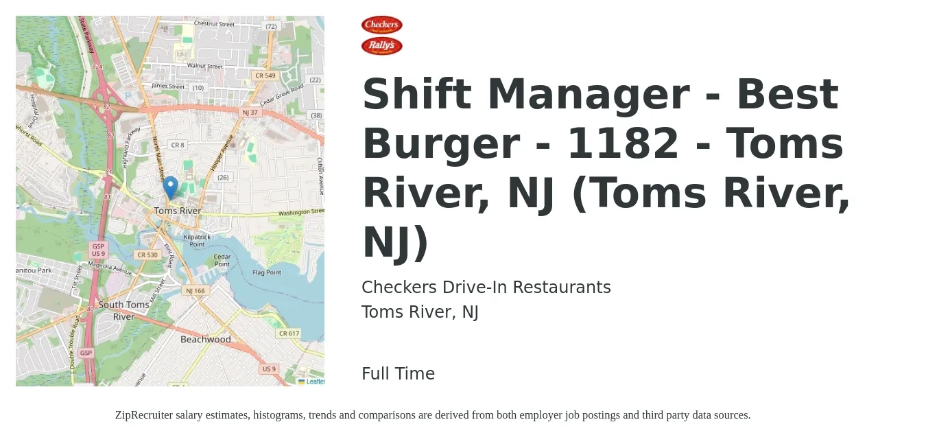 Checkers Drive-In Restaurants, Inc. job posting for a Shift Manager - Best Burger - 1182 - Toms River, NJ (Toms River, NJ) in Toms River, NJ with a salary of $14 to $18 Hourly with a map of Toms River location.