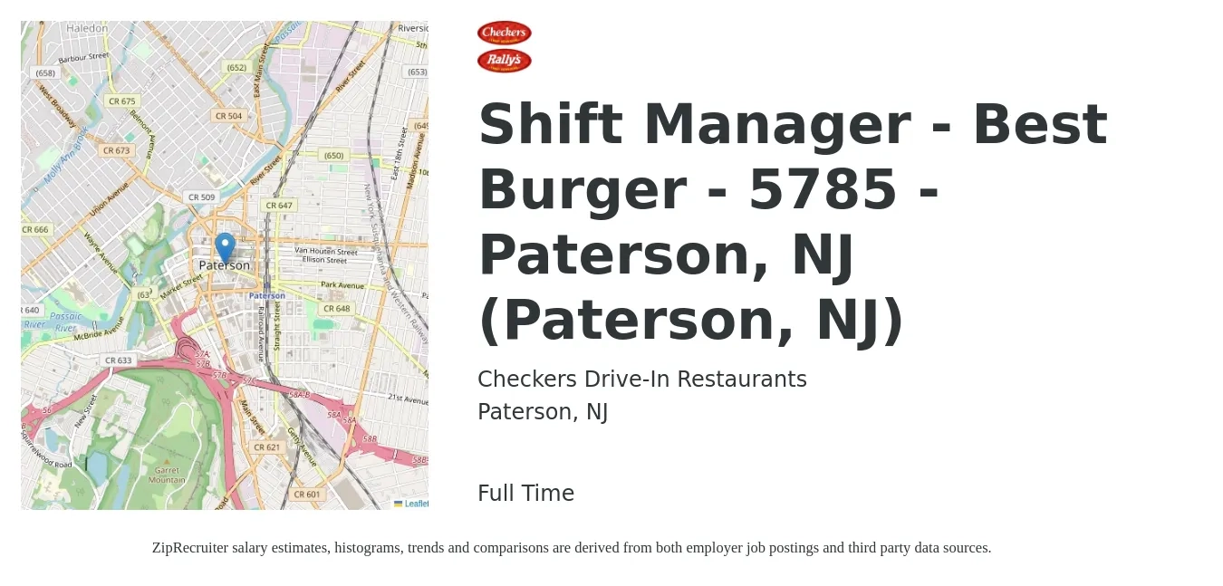 Checkers Drive-In Restaurants job posting for a Shift Manager - Best Burger - 5785 - Paterson, NJ (Paterson, NJ) in Paterson, NJ with a salary of $15 to $19 Hourly with a map of Paterson location.