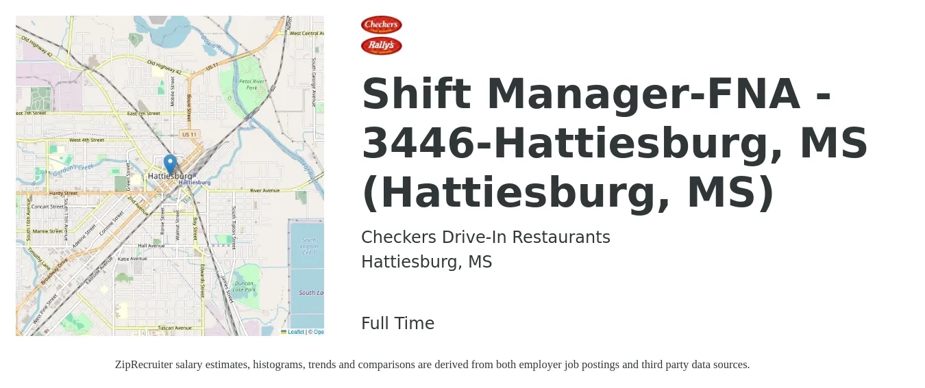 Checkers Drive-In Restaurants job posting for a Shift Manager-FNA - 3446-Hattiesburg, MS (Hattiesburg, MS) in Hattiesburg, MS with a salary of $15 to $19 Hourly with a map of Hattiesburg location.