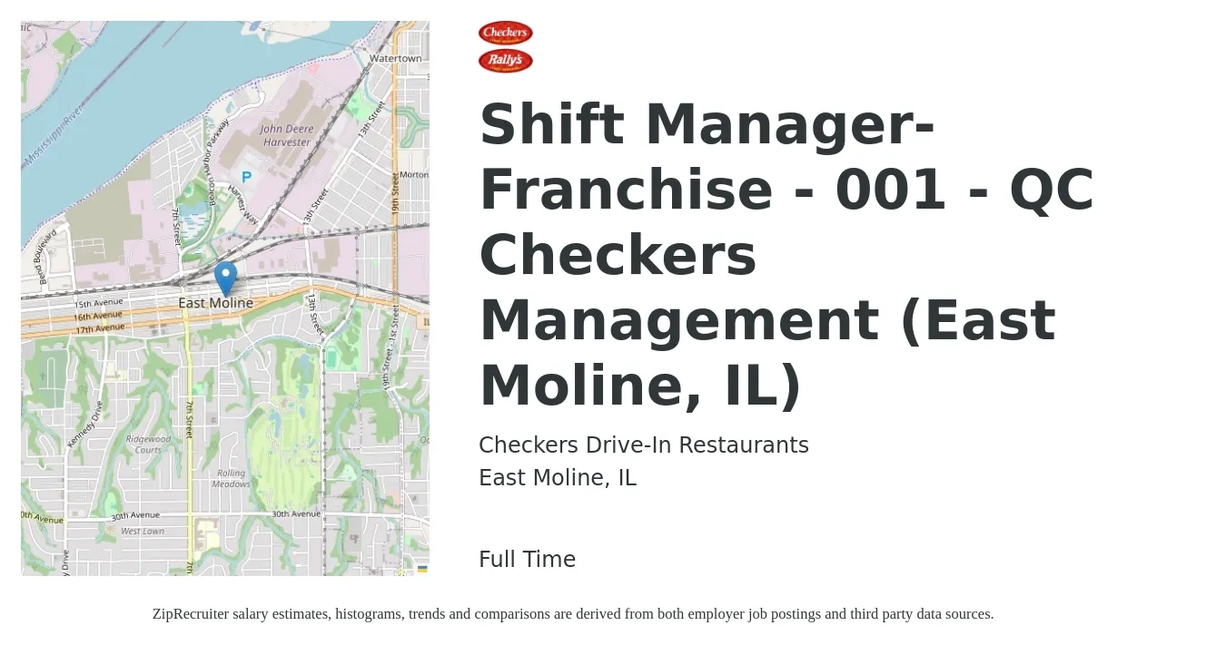 Checkers Drive-In Restaurants job posting for a Shift Manager-Franchise - 001 - QC Checkers Management (East Moline, IL) in East Moline, IL with a salary of $14 to $18 Hourly with a map of East Moline location.