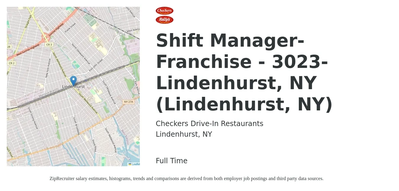 Checkers Drive-In Restaurants job posting for a Shift Manager-Franchise - 3023-Lindenhurst, NY (Lindenhurst, NY) in Lindenhurst, NY with a salary of $16 to $25 Hourly with a map of Lindenhurst location.