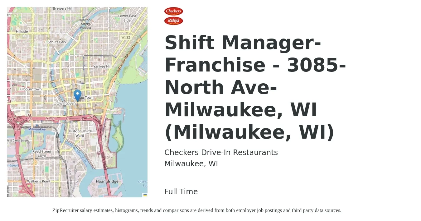 Checkers Drive-In Restaurants job posting for a Shift Manager-Franchise - 3085-North Ave-Milwaukee, WI (Milwaukee, WI) in Milwaukee, WI with a salary of $15 to $19 Hourly with a map of Milwaukee location.