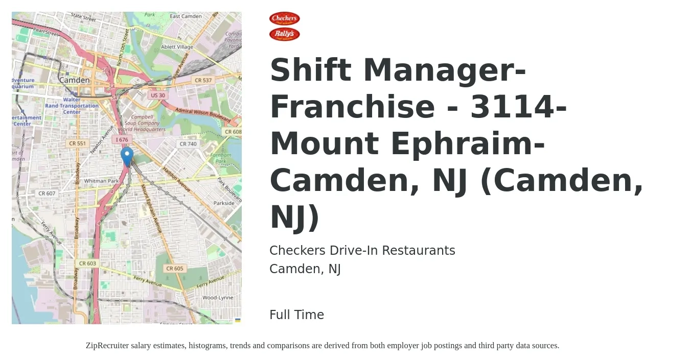 Checkers Drive-In Restaurants, Inc. job posting for a Shift Manager-Franchise - 3114-Mount Ephraim-Camden, NJ (Camden, NJ) in Camden, NJ with a salary of $15 to $19 Hourly with a map of Camden location.