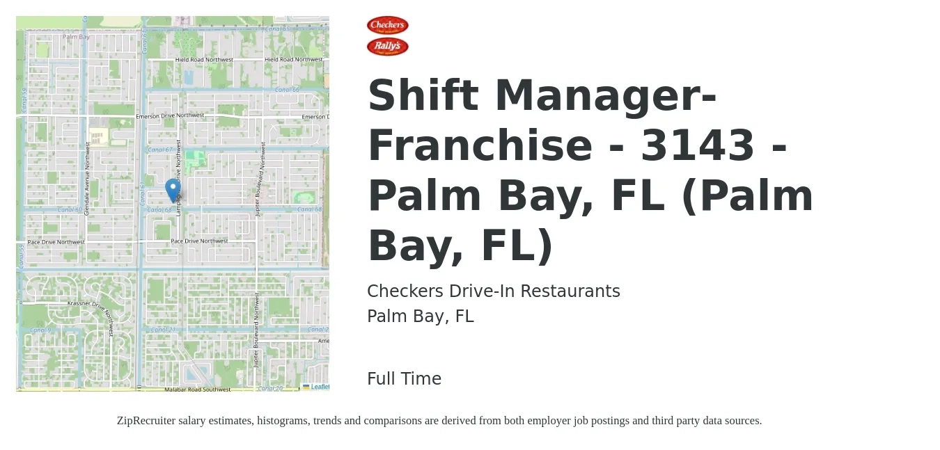 Checkers Drive-In Restaurants job posting for a Shift Manager-Franchise - 3143 - Palm Bay, FL (Palm Bay, FL) in Palm Bay, FL with a salary of $13 to $16 Hourly with a map of Palm Bay location.