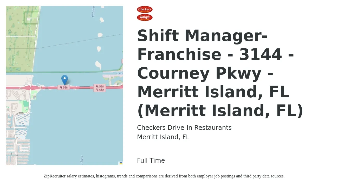 Checkers Drive-In Restaurants, Inc. job posting for a Shift Manager-Franchise - 3144 - Courney Pkwy - Merritt Island, FL (Merritt Island, FL) in Merritt Island, FL with a salary of $36,400 to $55,100 Yearly with a map of Merritt Island location.