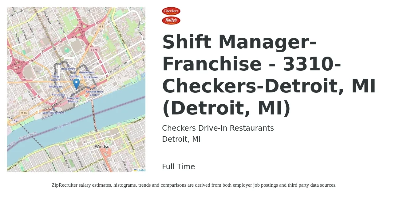 Checkers Drive-In Restaurants job posting for a Shift Manager-Franchise - 3310-Checkers-Detroit, MI (Detroit, MI) in Detroit, MI with a salary of $14 to $18 Hourly with a map of Detroit location.