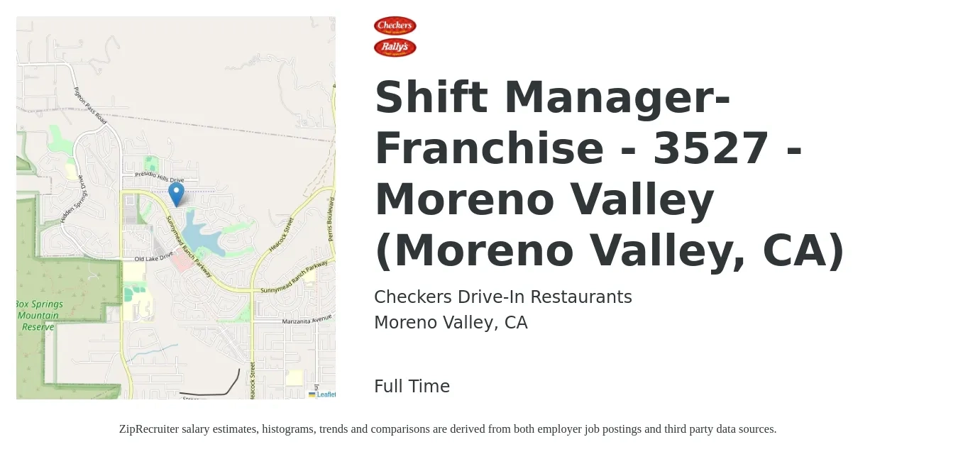 Checkers Drive-In Restaurants job posting for a Shift Manager-Franchise - 3527 - Moreno Valley (Moreno Valley, CA) in Moreno Valley, CA with a salary of $16 to $20 Hourly with a map of Moreno Valley location.