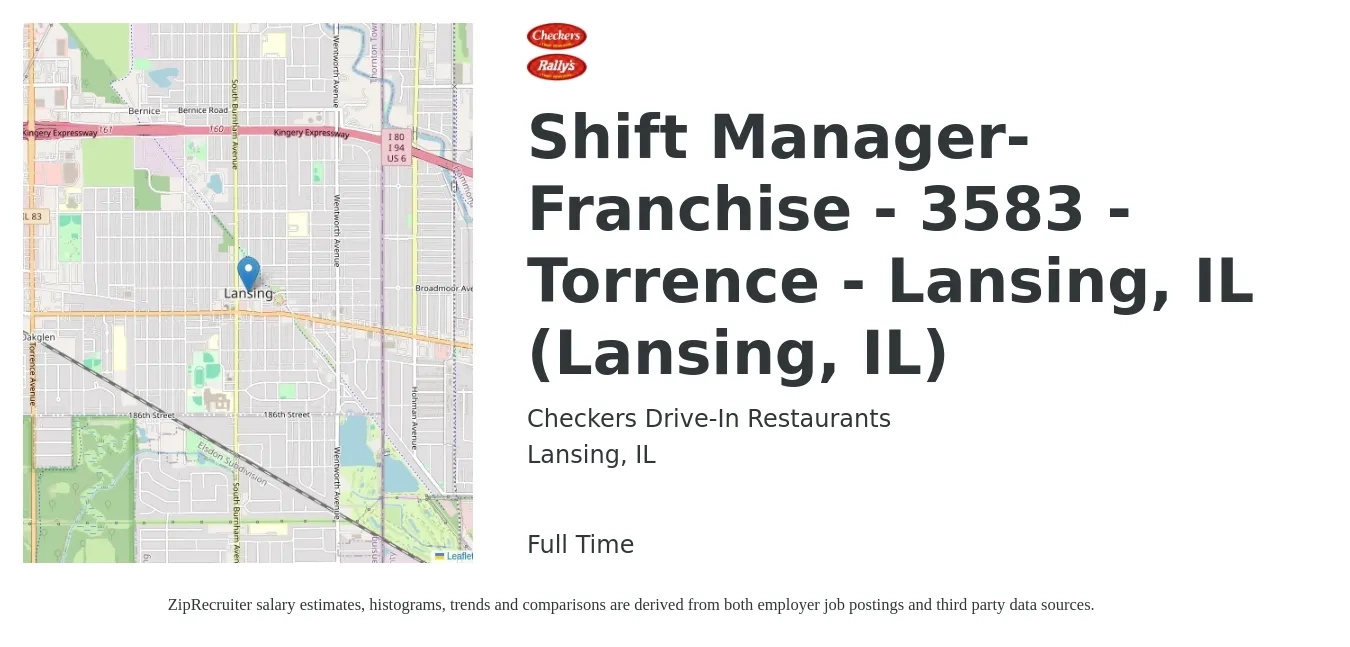 Checkers Drive-In Restaurants job posting for a Shift Manager-Franchise - 3583 - Torrence - Lansing, IL (Lansing, IL) in Lansing, IL with a salary of $15 to $18 Hourly with a map of Lansing location.