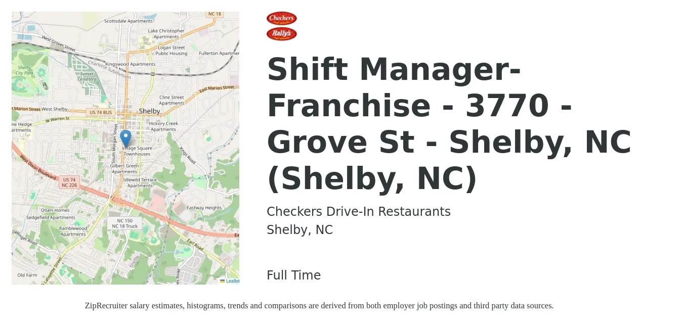 Checkers Drive-In Restaurants job posting for a Shift Manager-Franchise - 3770 - Grove St - Shelby, NC (Shelby, NC) in Shelby, NC with a map of Shelby location.