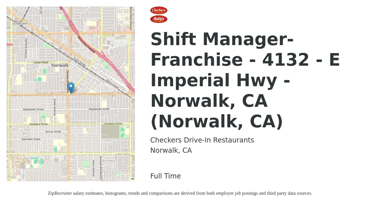 Checkers Drive-In Restaurants job posting for a Shift Manager-Franchise - 4132 - E Imperial Hwy - Norwalk, CA (Norwalk, CA) in Norwalk, CA with a map of Norwalk location.